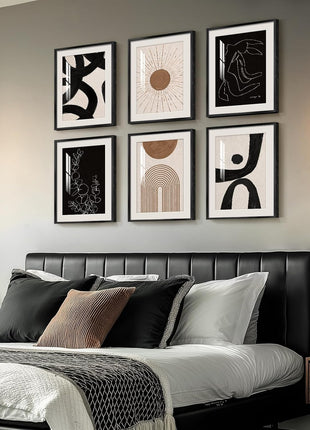 Framed Set of 6 Bohemian Black and White Modern Abstract Wall Art for Living Spaces, Minimalist Geometric Sun Prints for Bedroom, Office, and Bathroom Decor, 11x14 Inches