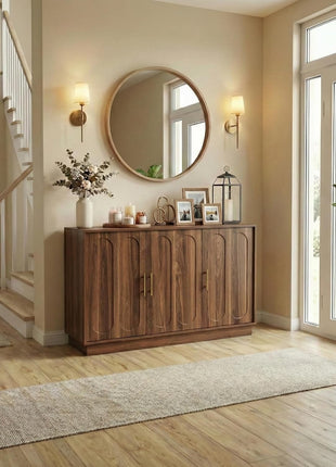 46.6" Modern Farmhouse 3-Door Storage Cabinet, Rustic Brown Sideboard Buffet with Gold Accents, Spacious Fluted Wood Credenza for Dining and Living Spaces, Coffee Bar