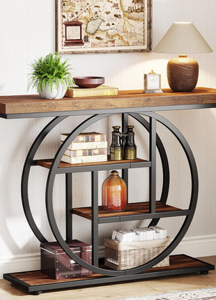 41.3" Industrial Console Table with Circular Base, 4-Tier Narrow Wood Accent Table Featuring Storage Shelves for Living Room, Hallway, and Foyer in Rustic Brown