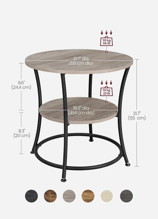 21.7-Inch Round Side Table with Steel Frame, Two-Tier Design, Generous Surface Area and Storage Shelves for Living Room and Bedroom, Heather Greige and Ink Black Finish