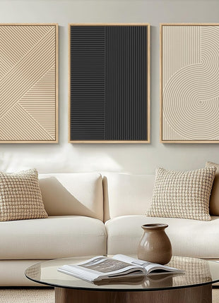 Framed Set of 3 Neutral Abstract Canvas Prints - Boho Modern Beige Artwork for Living Room, Bedroom, Hallway, and Home Office Decor, 16x24 Inches