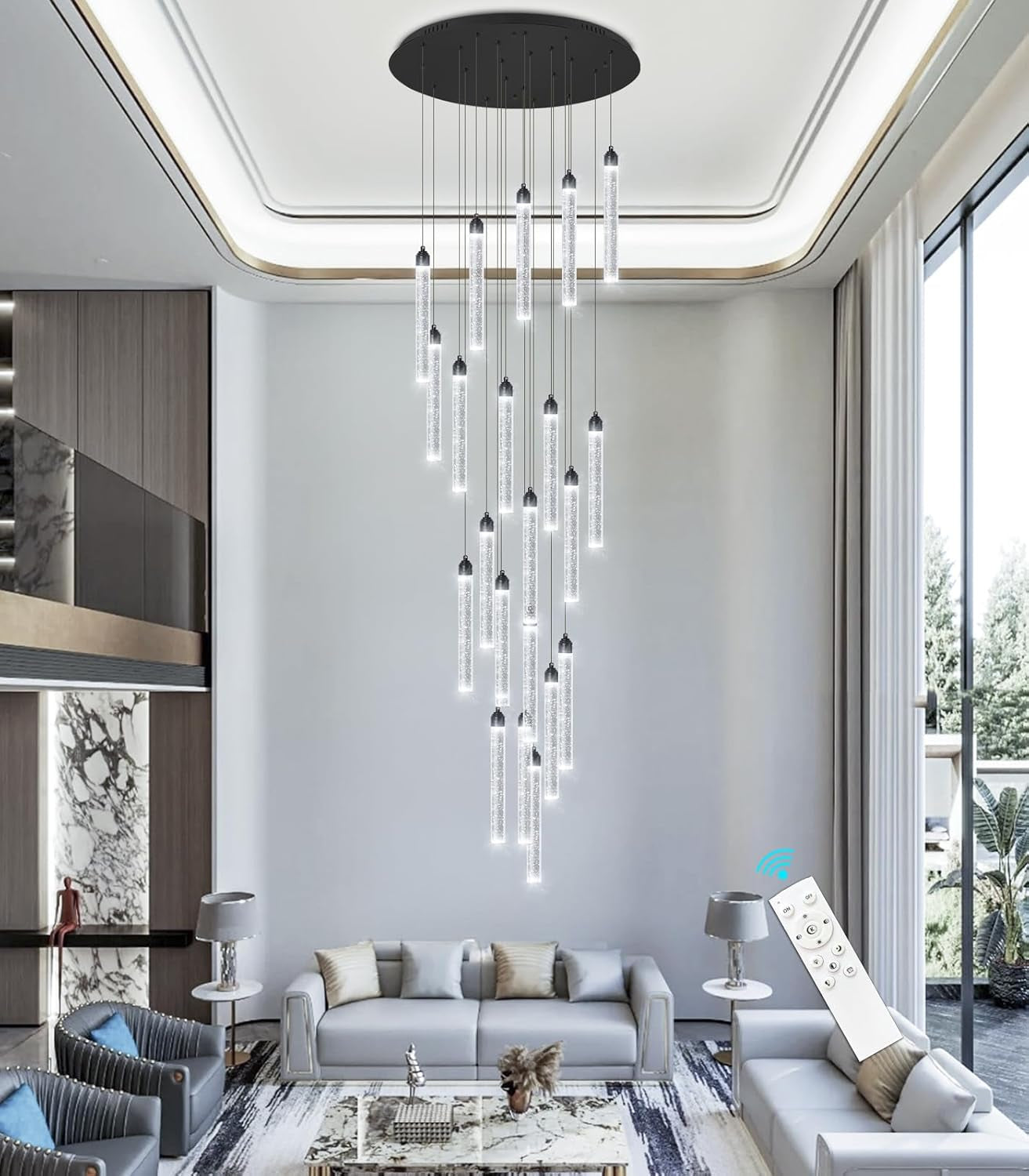 20-Lights Chandelier LED Dimmable Chandeliers for Entryway Flush Mount Ceiling Pendant Light Fixture Crystal Chandeliers for Living Room Black Finished Lighting Modern 156In High Ceiling Chandelier