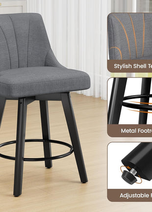 Set of 3 Upholstered 24" Counter Height Swivel Bar Stools with Back and Solid Wood Legs in Dark Gray for Kitchen Island and Dining Room