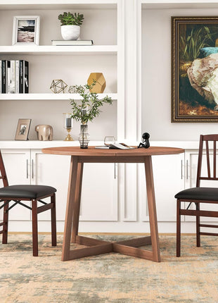 Set of 2 Folding Dining Chairs, Upholstered Wooden Chairs with PVC Padded Seat, Solid Wood Frame, 400LBS Capacity for Kitchen and Apartment (Black & Brown)
