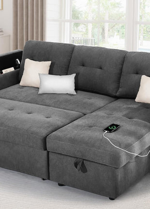 Multi-functional Sleeper Sofa Bed with Storage, USB Ports, and Cup Holders - Elegant 3-In-1 Sectional Couch for Living Rooms and Apartments in Dark Gray