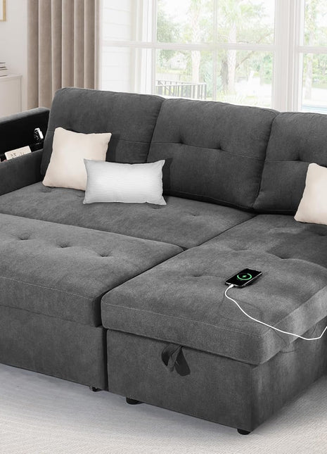 Multi-functional Sleeper Sofa Bed with Storage, USB Ports, and Cup Holders - Elegant 3-In-1 Sectional Couch for Living Rooms and Apartments in Dark Gray