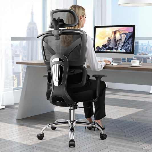Ergonomic Office Desk Chair, High Back Mesh Office Chair with Adjustable Lumbar Support, 3D Headrest, Big and Tall Home Computer Desk Chairs Comfy for Work, Gaming, 300Lbs, Black