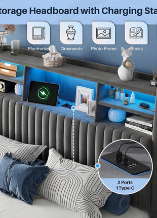 Full-Size Bed Frame with Vertical Channel Tufted Headboard, Integrated Storage Shelves, Velvet Upholstery, Charging Station, LED Lighting, Wooden Slats, and Noise-Free Design in Grey
