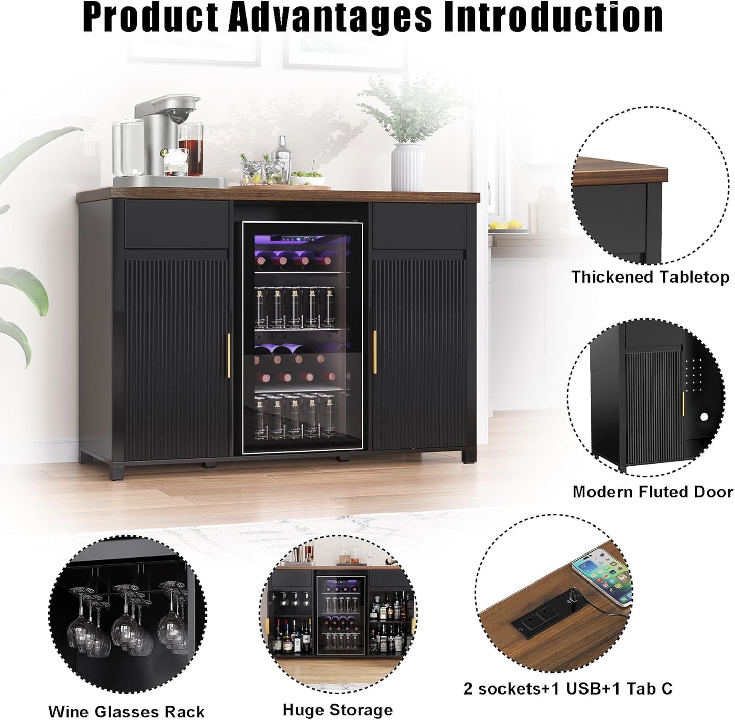 Large Coffee Bar Cabinet with Fridge Space, Mini Fridge Cabinet with Wine Storage, Buffet Sideboard Table for Home, Fluted Modern Design,53.2" L