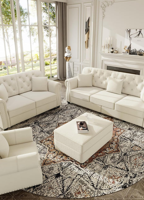 Elegant 3-Piece Chesterfield Sofa Set with Luxurious Velvet Upholstery and Stylish Nailhead Trim