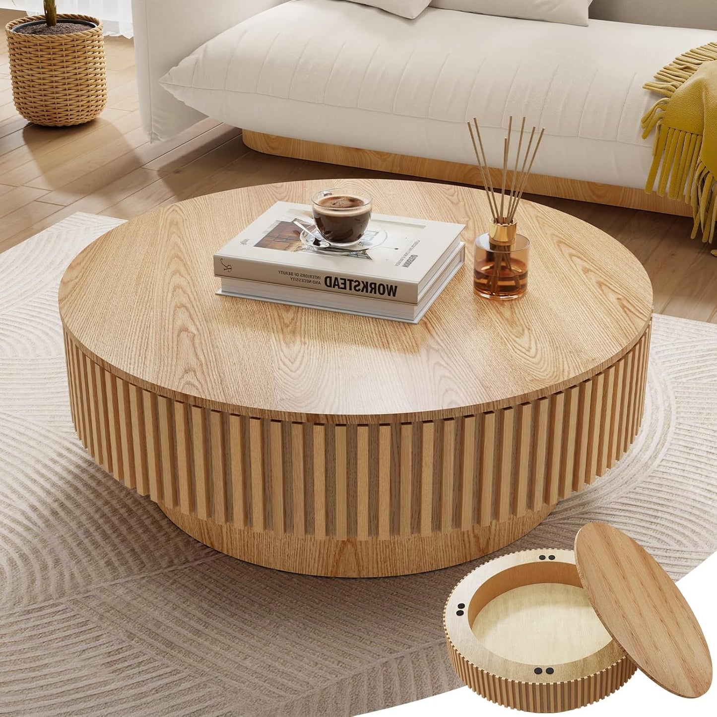 39.37'' round Coffee Table with Storage, Modern Fluted Circle Coffee Table Unique Drum Low Center Tea Table with Solid Wood Veneered for Living Room, Mesas De Centro Para Sala, Natural
