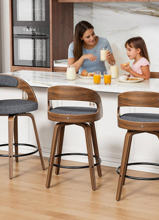 Set of 4 Mid-Century Modern 26" Upholstered Linen Fabric Swivel Bar Stools with Bentwood Legs and Back for Kitchen Island and Dining Room, Grey