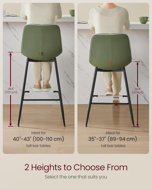 Bar Stools Set of 2, Counter Height Bar Stools with Back, Ergonomic Backrest, Synthetic Leather, Metal Legs, 24.8-Inch Tall Barstools for Kitchen Island Home Bar, Easy Assembly, Forest Green