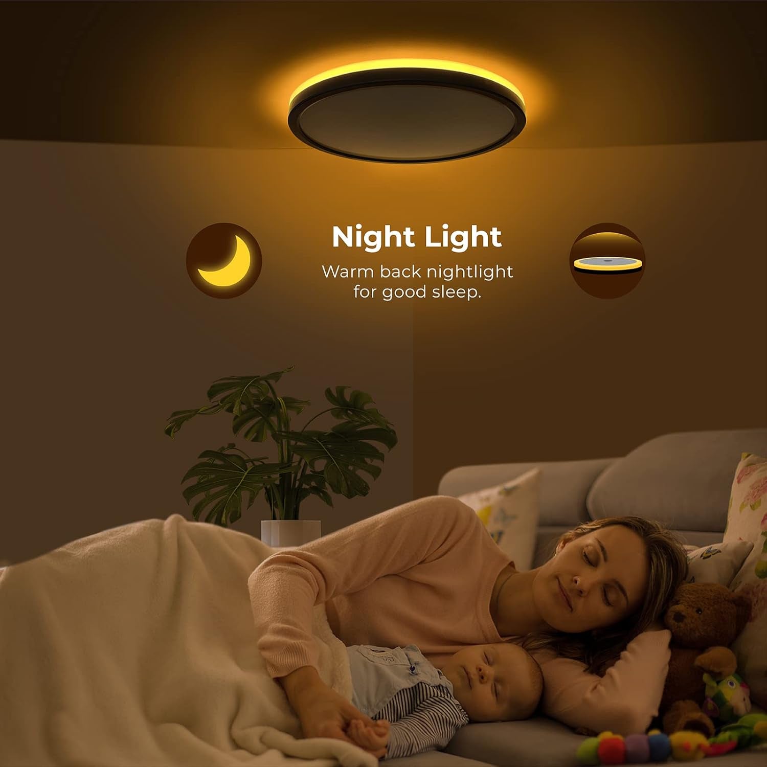 12 Inch LED Flush Mount Ceiling Light Fixture with Night Light, 24W 2400LM 3000K/4000K/5000K Selectable, Dimmable Ceiling Lights for Bedroom, Dining Room, Kitchen, round Black