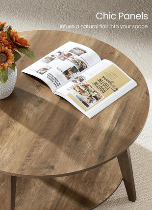 MAEZO Collection Round Coffee Table - 2-Tier Center Table with Storage, Tapered Legs, Curved Transitions, 31.5" Diameter x 17.7" Height, Easy Assembly, Honey Brown Finish for Living Room