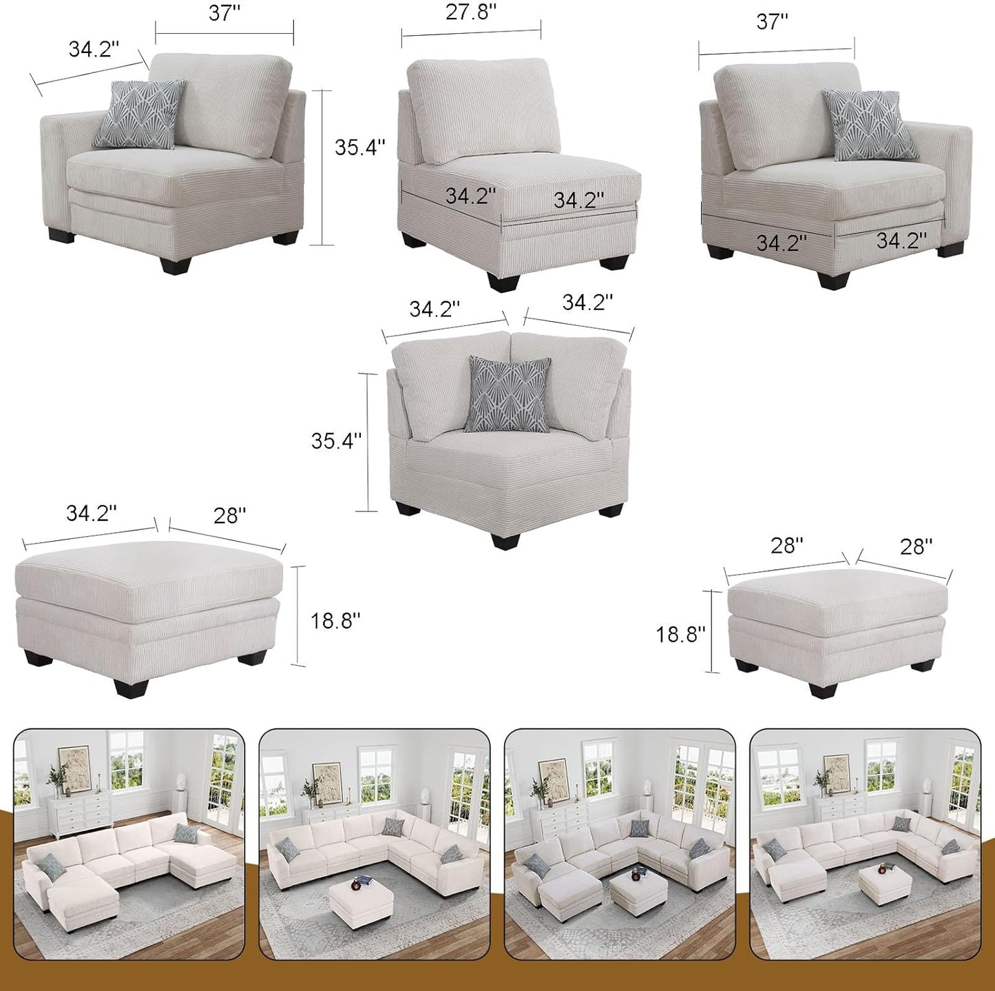 Oversized Modular Sectional Sofa,7 Seat U Shaped Couch with Ottoman,Corduroy Sofa with Deep Seat,Convertible Large Sectional Couches for Living Room(Cream, L-7)