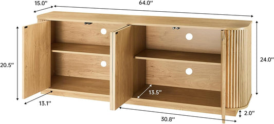 64" Sideboard Buffet Cabinet with Storage, Wooden Fluted Storage Cabinet Sideboard Credenza with Adjustable Shelves Pressed Spring for Kitchen Living Room (Natural Oak)