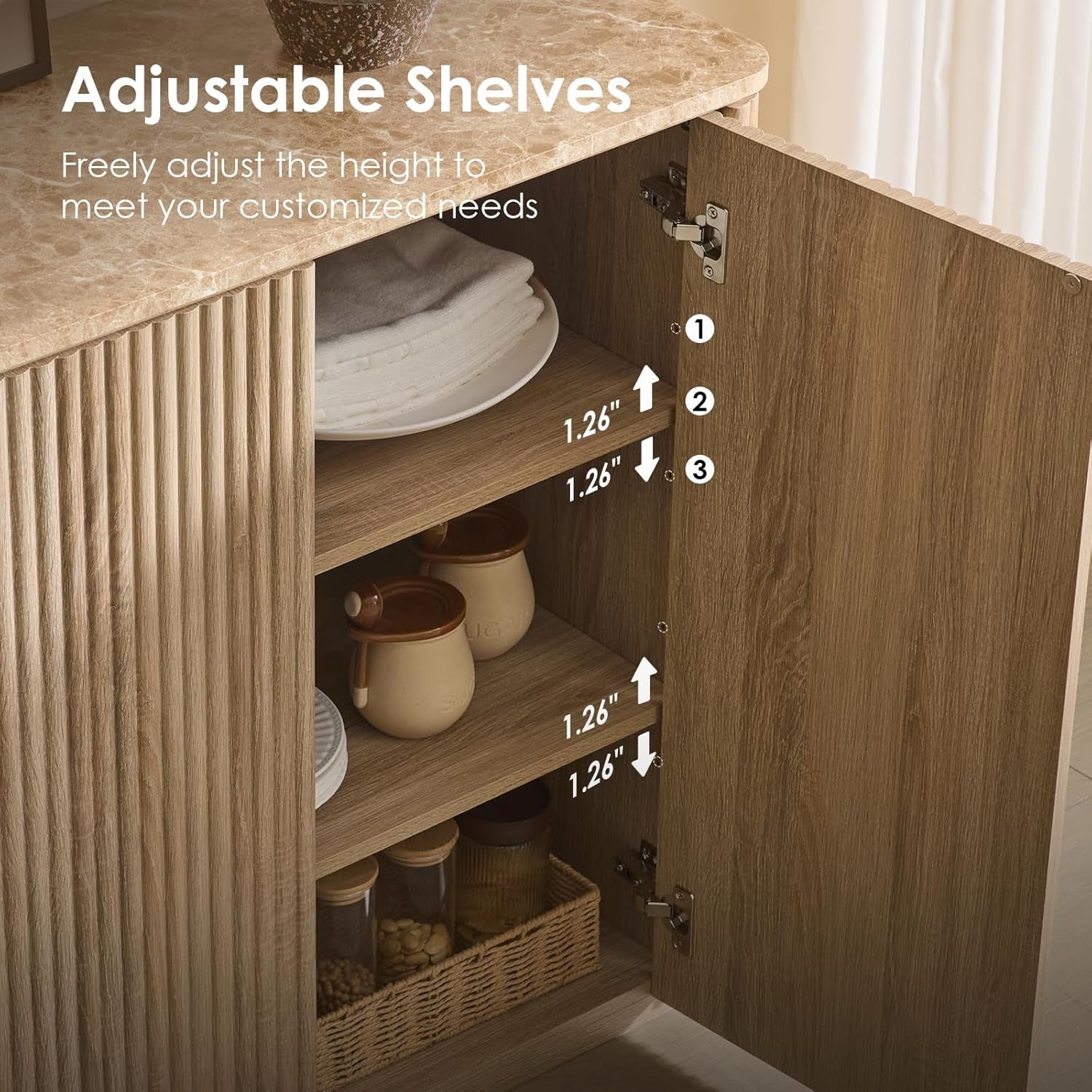 Fluted 2 Doors Sideboard Buffet Cabinet with Storage-Wooden Credenza W/Shelves, Faux Marble-Top Coffee Bar Console Table, Modern Buffet Cabinet for Dining,Kitchen,Living Room,Entryway,Natural Oak,1Pcs