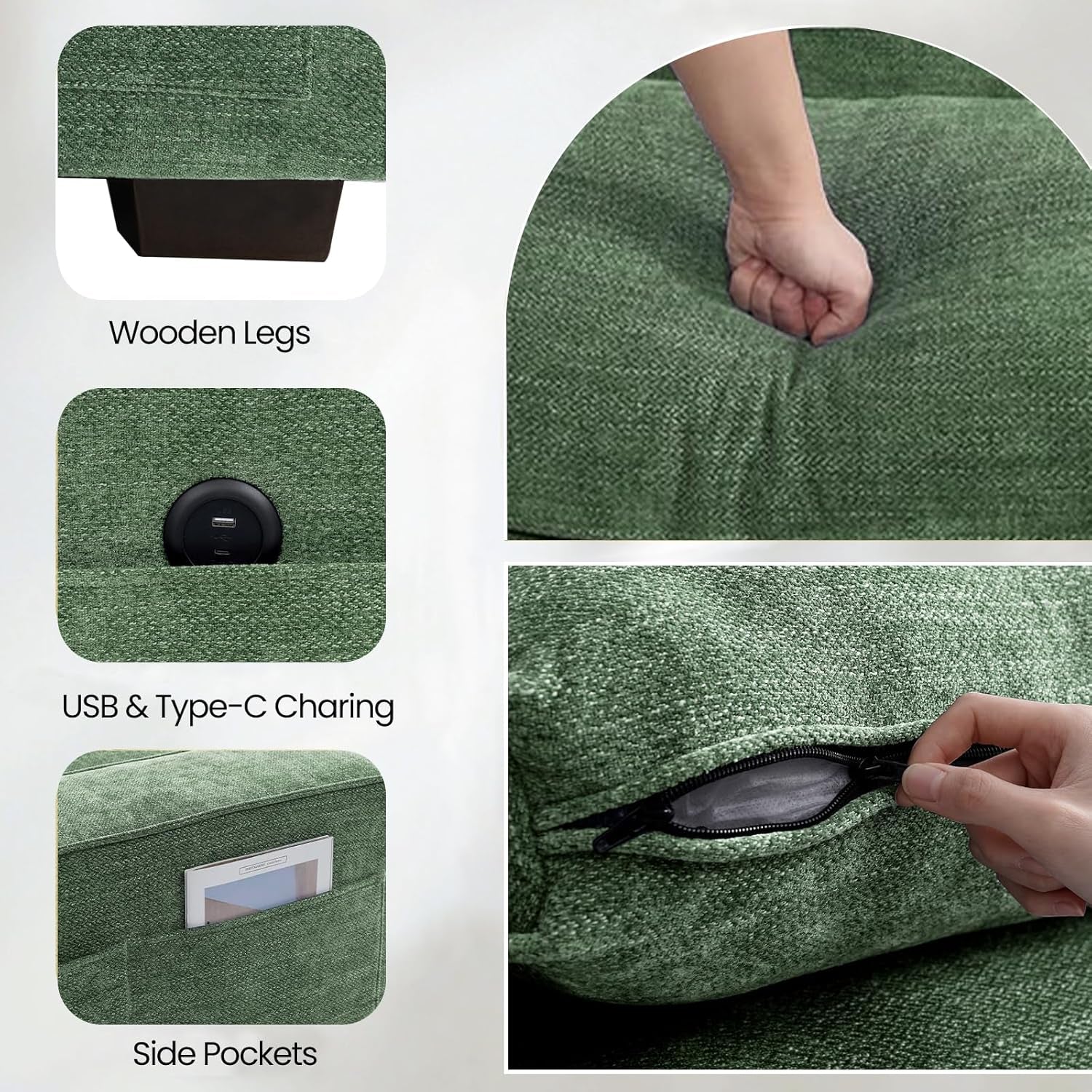 100" Modular Sofa with Seats Storage, Comfy 3-Seater Chenille Fabric Couch for Living Room, Office, Apart W/Deep Seat, USB Charging, Upholstered Couch with Removable Cover(Green)