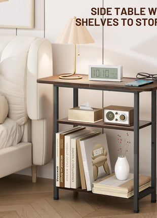 3-Tier Rustic Brown Side Table for Living Room - Narrow Nightstand with Generous Storage for Compact Spaces