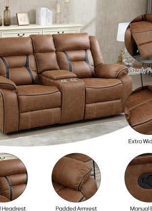 Faux Leather Dual Reclining Loveseat Sofa with Center Console, Hidden Storage, and Cup Holders - Brown