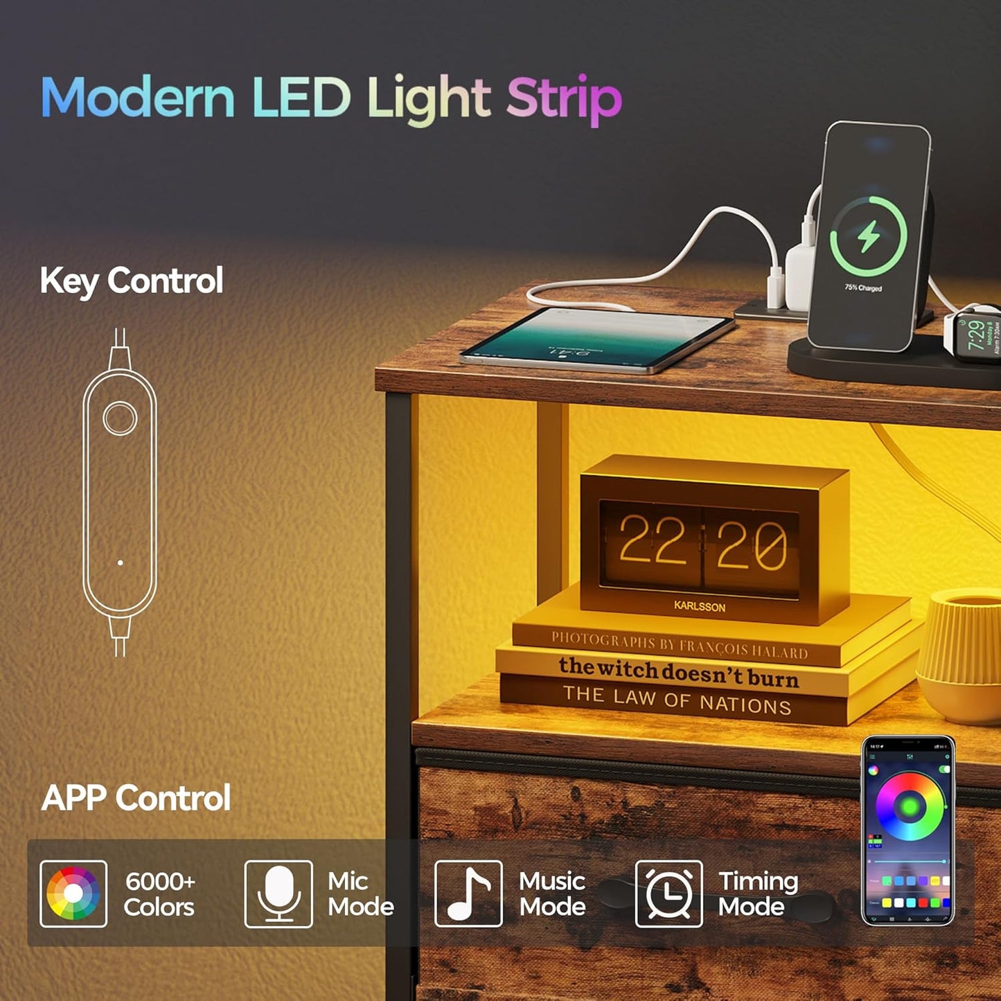 Nightstands Set of 2, Night Stand with Charging Station and Led Lights, Bedside Table with 2 Fabric Drawers for Bedroom, Small Side End Table with Open Shelf, Rustic Brown