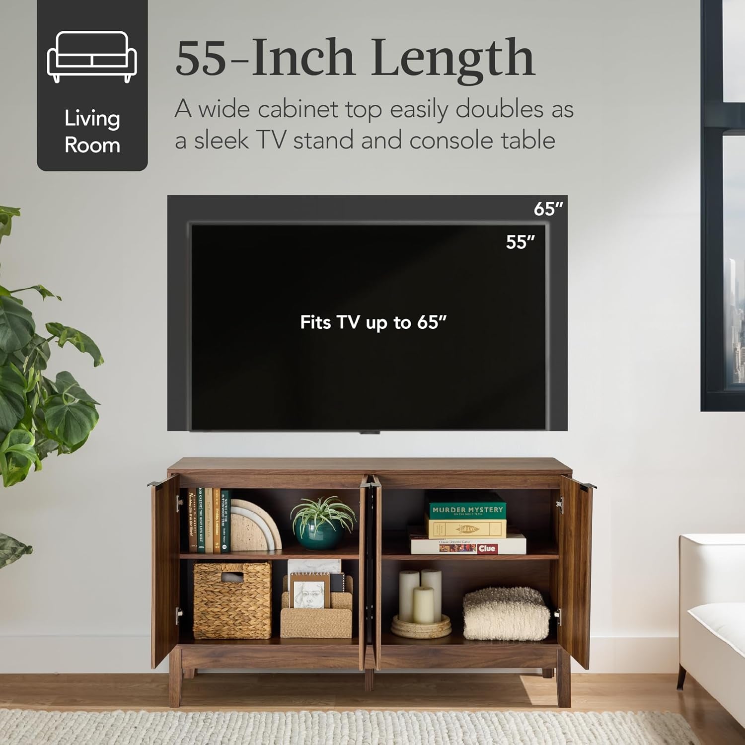 55" Modern 4-Door Sideboard Storage Cabinet, Buffet, Media Cabinet, Cupboard, Entryway Accent Table, Bookcase W/Reed Panels and Adjustable Shelves – Walnut