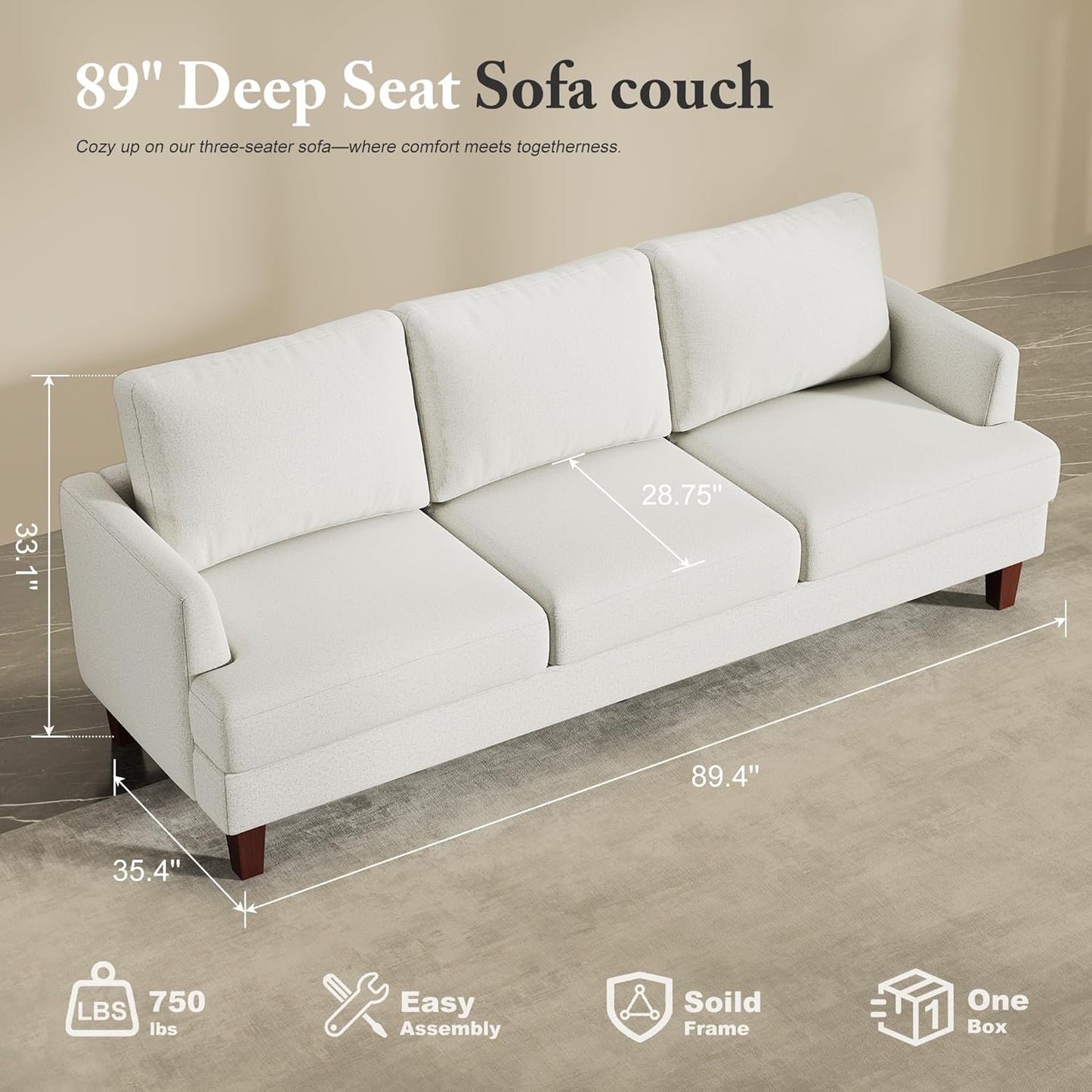 3 Seater Sofa Couch with Deep Seats, 89" Mid Century Modern Upholstered Sofa with Armrests, Comfy Couches for Living Room, Bedroom, Apartment and Office (Beige)