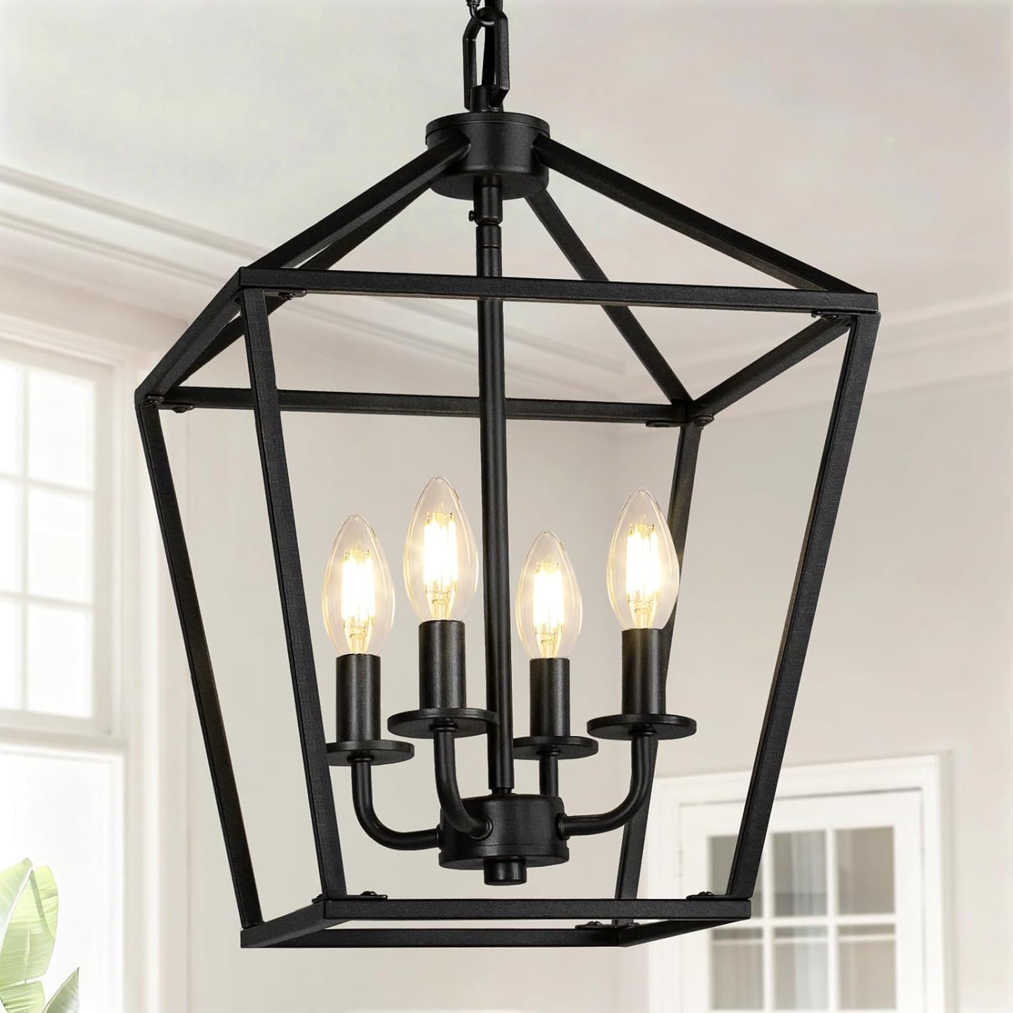 4 Light Chandelier, Industrial Ceiling Light Black Lantern Light Fixtures with Farmhouse Metal Cage Adjustable Height Rustic Geometric Hanging Light E12 Base for Kitchen Island, Entryway, Indoor