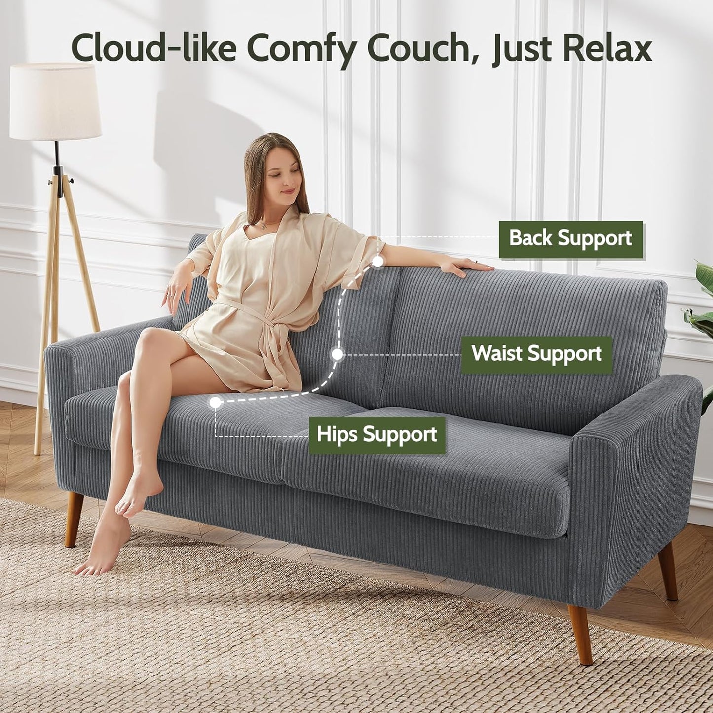 68" Loveseat Sofa Grey Corduroy Couch, Mid Century Modern Love Seat Couches for Living Room, Small Loveseat for Bedroom Office, Comfy Sofa with Spring Cushion, Solid Wood, Tool-Free Assembly