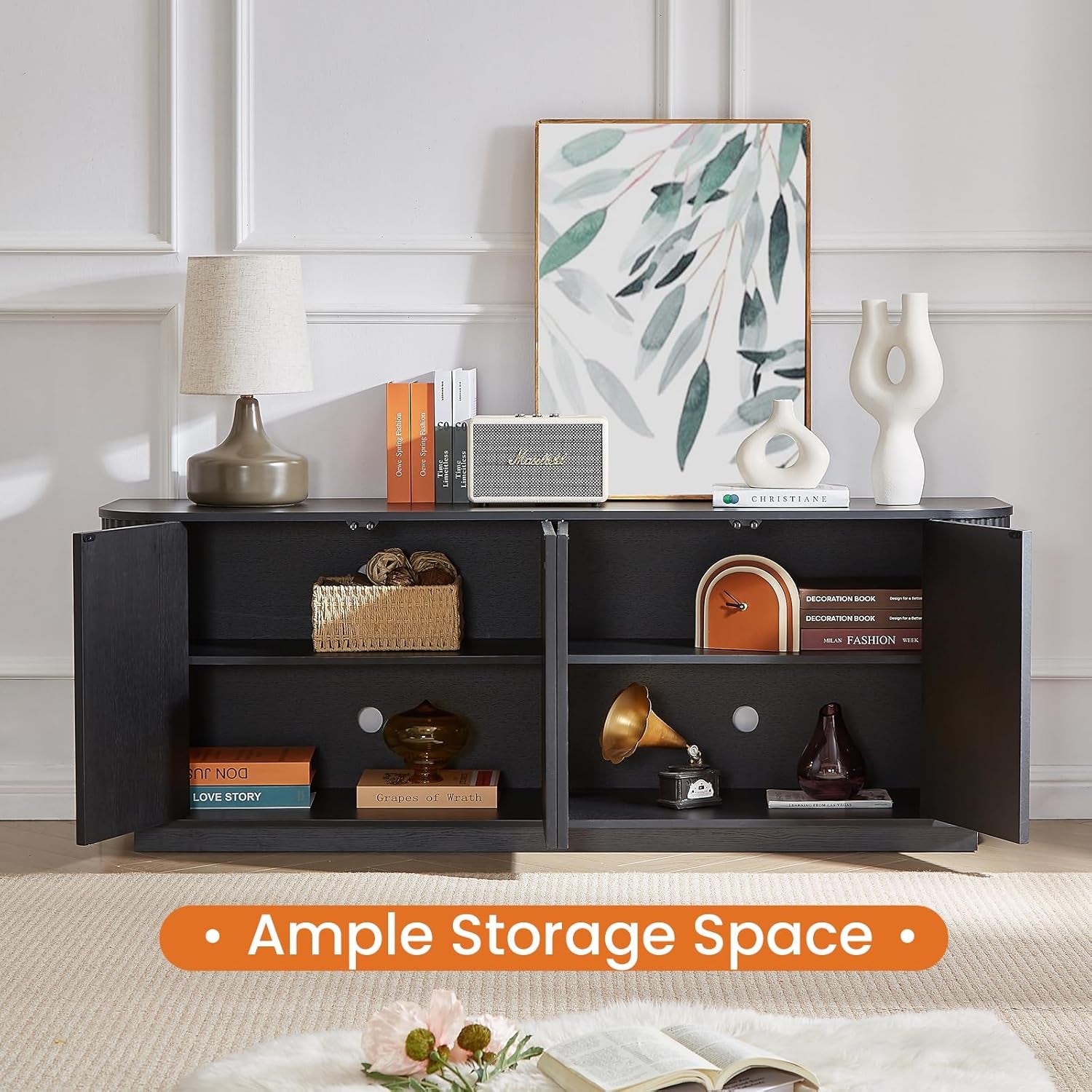 64" Sideboard Buffet Cabinet with Storage, Wooden Fluted Storage Cabinet Sideboard Credenza with Adjustable Shelves Pressed Spring for Kitchen Living Room (Black)