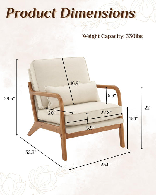 Accent Chair Mid-Century Modern Chair with Pillow Linen Fabric Upholstered Lounge Arm Chair with Solid Wood Frame & Soft Cushion for Living Room, Bedroom, Balcony, Beige
