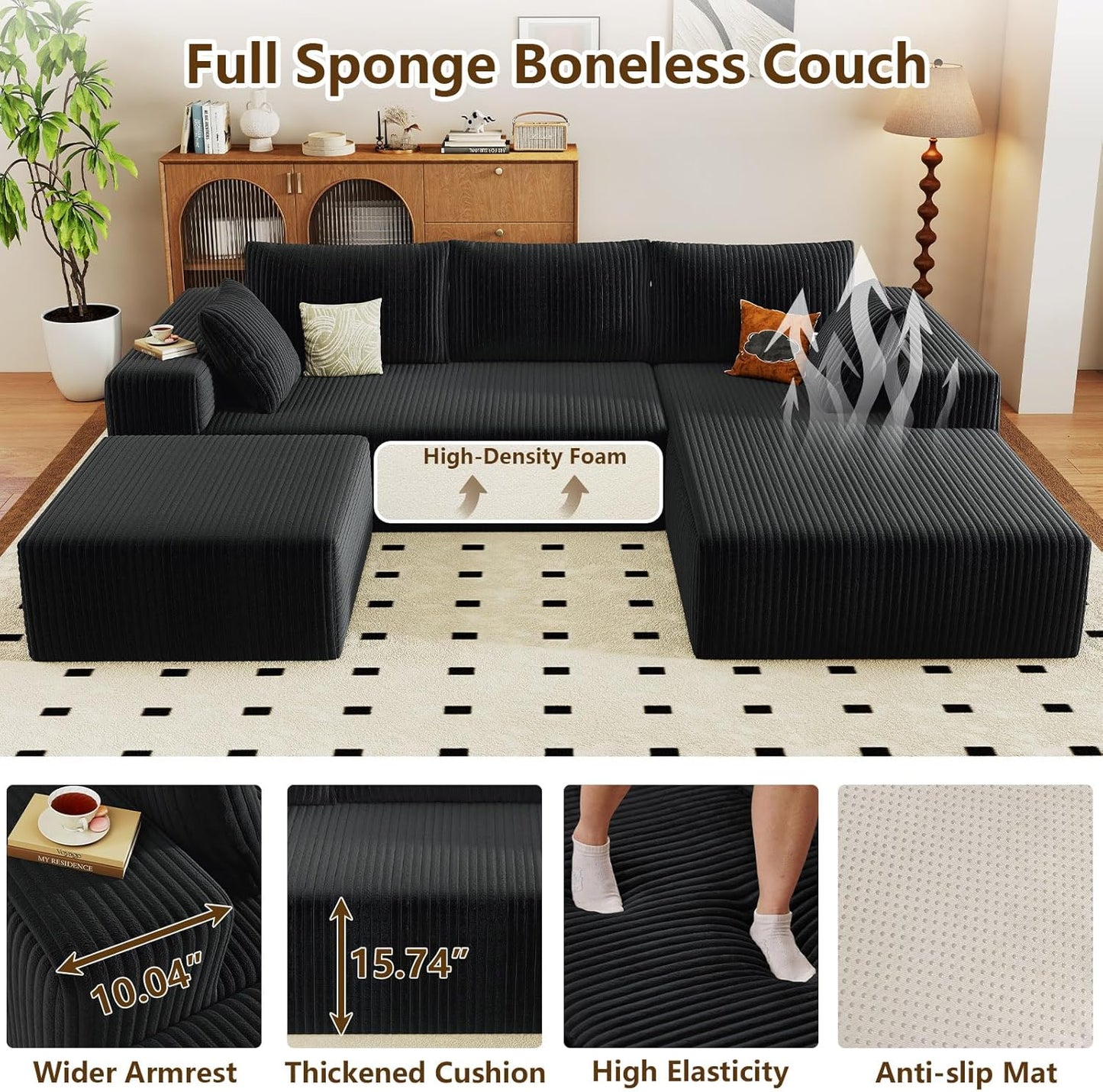 96" U-Shape Cloud Couch, Modern Modular Sectional L-Shape Sofa with Ottoman, Corduroy Upholstered Couches Deep Seat Sleeper Chaise Longue for Living Room, No Assembly Required(Black, Right Facing)