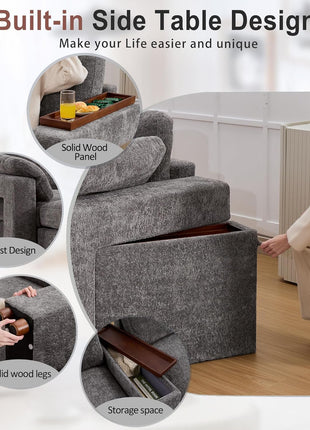 Luxurious Grey Oversized Modular L-Shaped Sectional Sofa with Integrated Side Tables and Storage - Plush Sleeper Couch for Ultimate Comfort (7-Seater with 2 Ottomans)