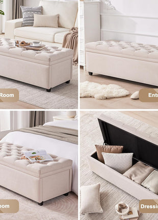 50-Inch Tufted Storage Ottoman Bench for Living Room and Bedroom - Modern Design for End of Bed and Entryway (Beige)