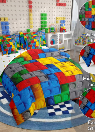 3D Building Blocks Comforter Set - 7 Piece Twin Bed in a Bag, Colorful Construction-Themed Bedding with Gradient Rainbow Brick Design
