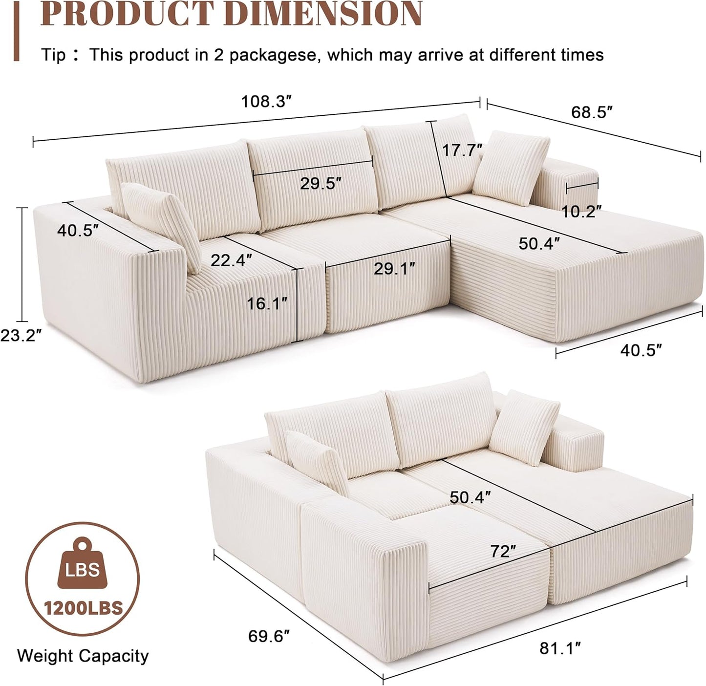 108” Modulr Sectionl Sof, Cloud Sectionl Couch with Deep Set, Modern Modulr L-Shpe Sof with Chise,Upholstered Boneless Couches for Living Room (Corduroy, Beige)