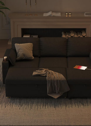 Contemporary Dark Gray 2-in-1 Pull-Out Sectional Sofa Bed with Storage, USB Ports, and Cup Holder - Ideal for Apartment Living Spaces