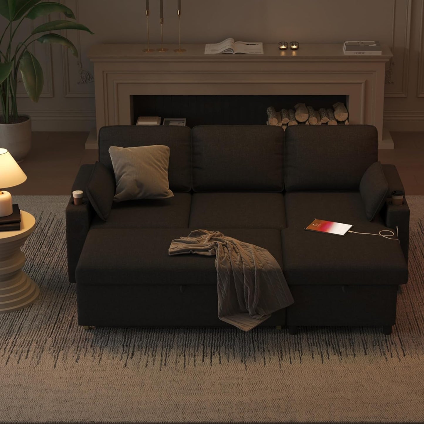 Sofa Bed Sleeper Pull Out 2 in 1 Sectional Sleeper Sofa Couches with Storage,Usb, Cup Holder,Pullout Sectional Couches for Apartment Living Room (Dark Gray)