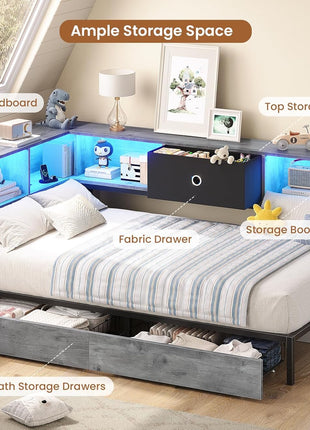 Twin Corner Bed Frame with Storage Drawers and Bookcase Headboard, Metal Platform Design with Charging Station and LED Lights, Ideal Daybed for Kids, Teens, and Guests in Oak Gray