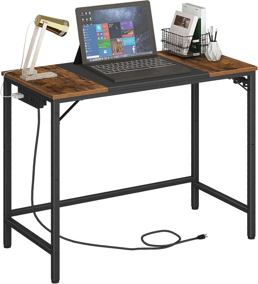 Computer Desk, Home Office Desk with Power Outlet, Modern Study Writing Desk with 3 Hooks for Study Room, Home Office, Sturdy and Stable, Easy to Assemble, Rustic Brown and Black BF40UDN01