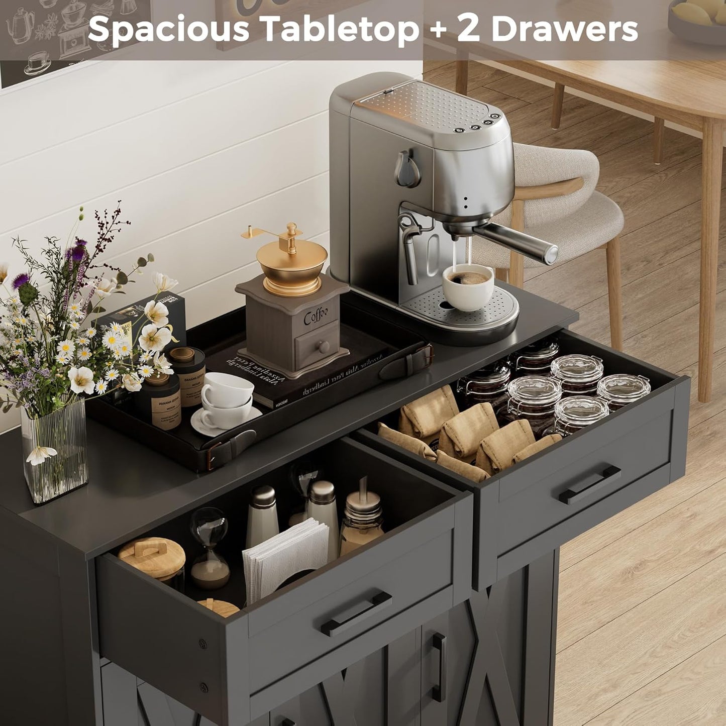 Sideboard Buffet Cabinet, Coffee Bar Storage Cabinet with Drawers and Doors, Farmhouse Kitchen Cabinet with Adjustable Shelves, for Kitchen, Dining Room, Living Room, Black