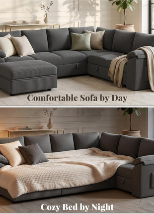 108-Inch U-Shaped Modular Sectional Sleeper Sofa Bed, 7-Seat Design with Storage, Corduroy Fabric, Removable Cover, Dark Grey