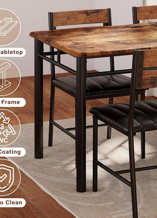 Rustic Brown Dining Table Set for Four with Upholstered Chairs, Perfect for Kitchens and Compact Spaces