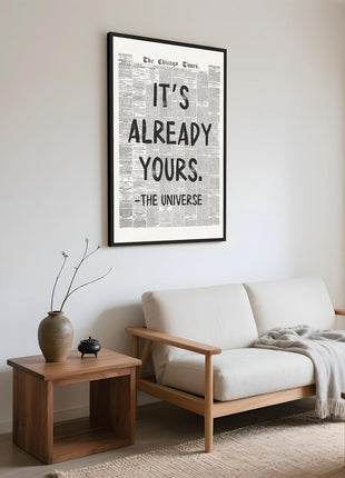 Framed Black and White Retro Newspaper Wall Art - "It's Already Yours" Universe Quote - Inspirational Canvas Print for Bedroom, Office, Apartment, and Dorm - 8x12 Inches