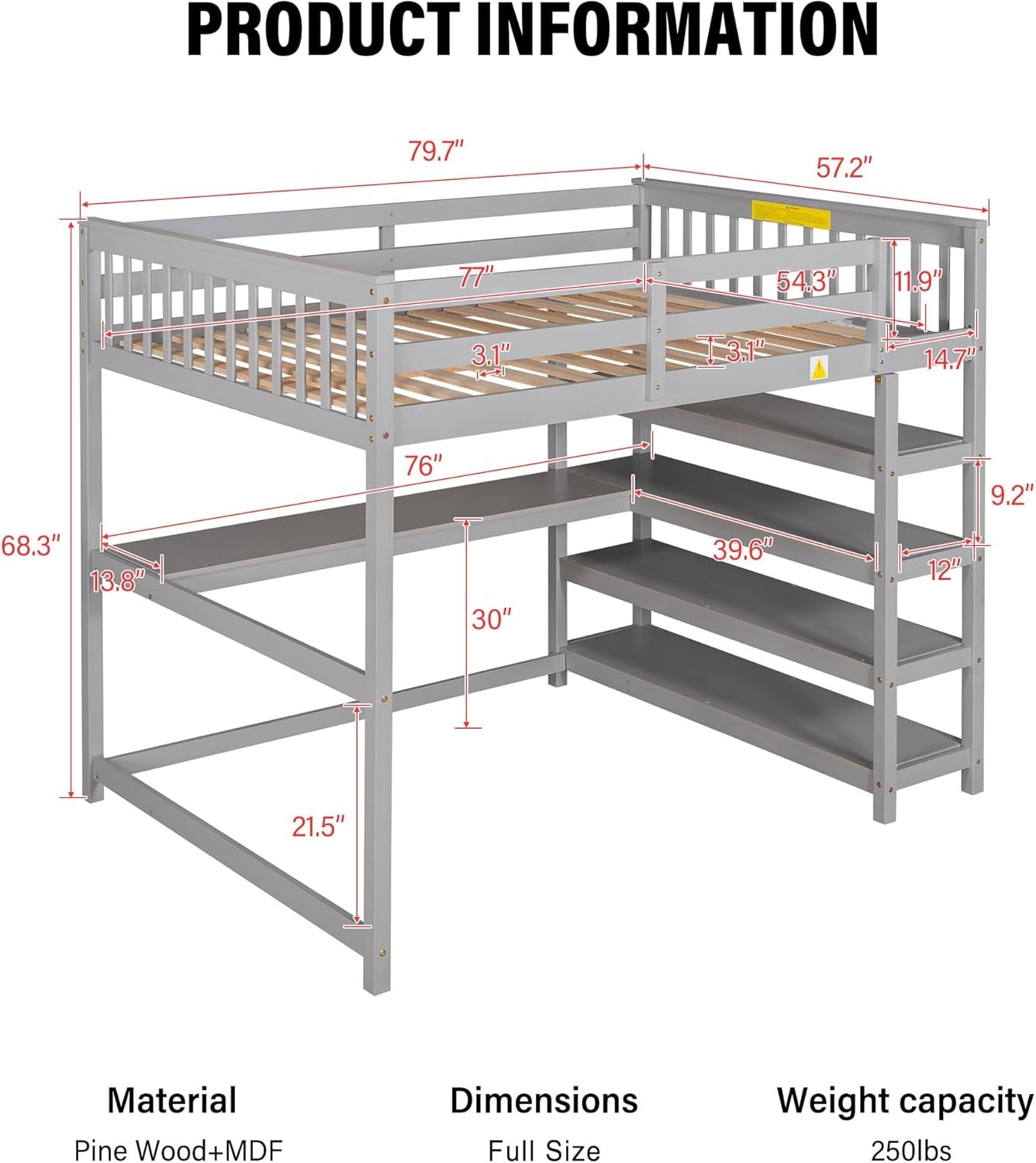 Wood Loft Bed with Desk : Full Size Loft Bed with 4-Storage Shelves and under Bed Desk Solid Wood Bed, Grey