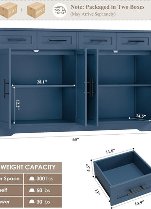 60-Inch Large Buffet Sideboard with Storage - 36-Inch Tall Kitchen Cabinet Featuring 4 Drawers, Modern Coffee Bar Design with Black Handles in Blue Finish