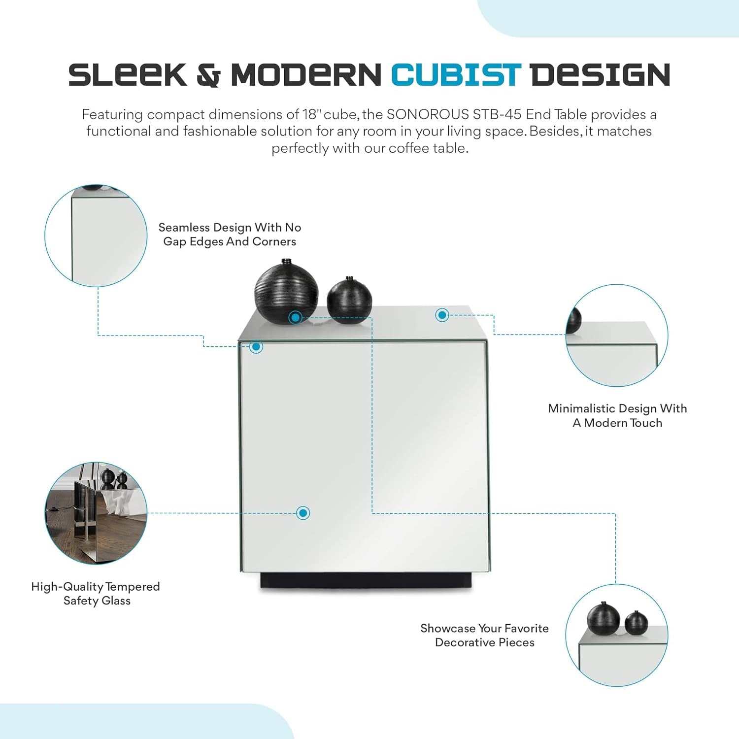 Premium Tempered Glass Side Table - Luxury Nightstand & Bedside Table for Bedroom or Living Room - High Gloss End Table in Mirror Finish - Sleek Cube Design with Fingerprint Resistant Glass