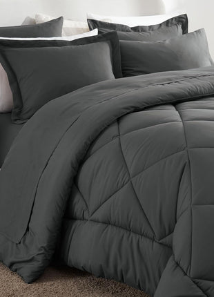 Queen Size 7-Piece Dark Grey Comforter Set - Luxury Soft All-Season Bedding Set with Comforter, Sheets, Pillowcases, and Shams