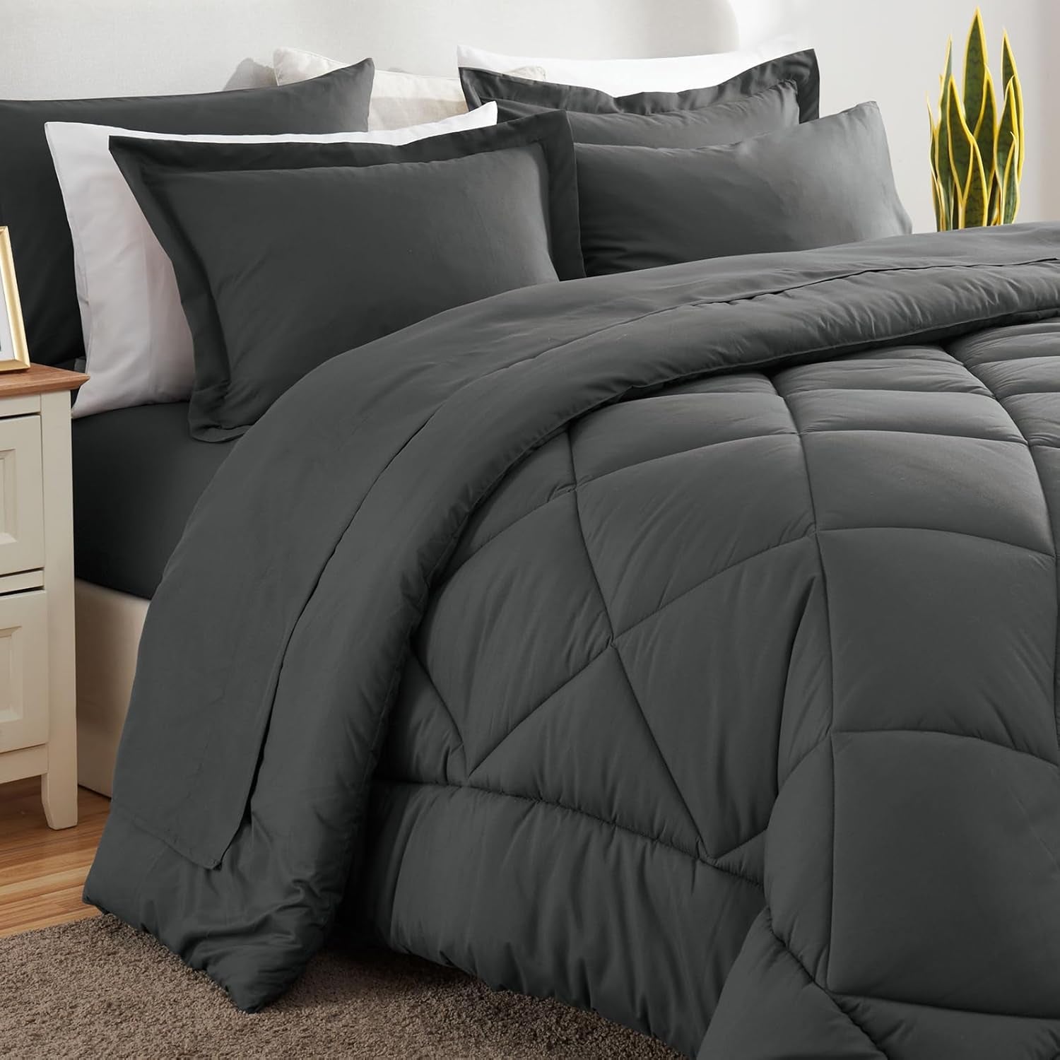 Queen Comforter Set Dark Grey - Bed in a Bag Queen Size 7 Pieces, Luxury Soft Bed Set for All Seasons, Bedding Set with Comforter, Sheets, Pillowcases & Shams, Dark Gray, Queen